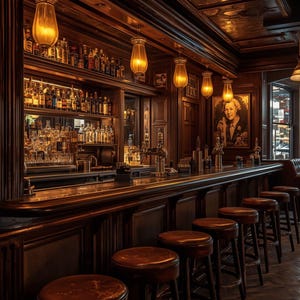 May include: A dark wood bar interior featuring a long counter with a row of round brown leather stools. The back bar displays numerous glass liquor bottles on shelves, illuminated by warm hanging pendant lights and a portrait on the wall.