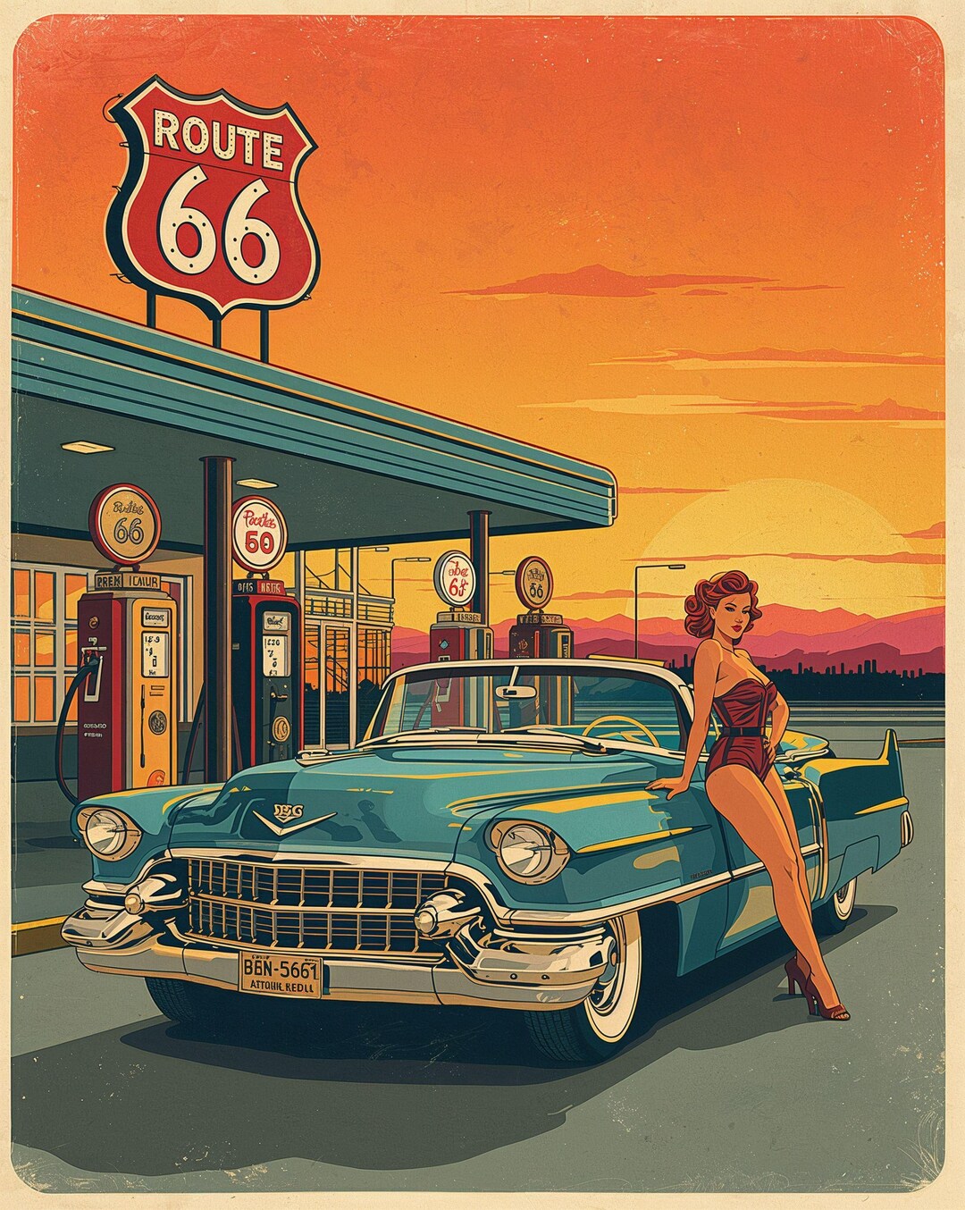 Retro Gas Station Poster – Route 66 Pin-up Girl & Vintage Cadillac Wall ...
