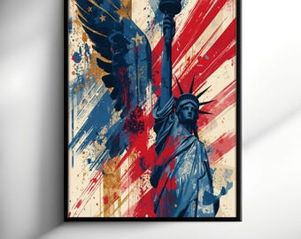 Arte mural de la Estatua de la Libertad - Bandera estadounidense abstracta - Decoración patriótica moderna de estilo americano
