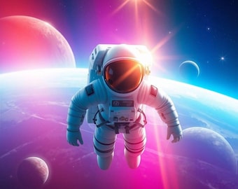 Cosmic Astronaut Poster – Retro Space Art Print – Futuristic Galaxy Wall Decor