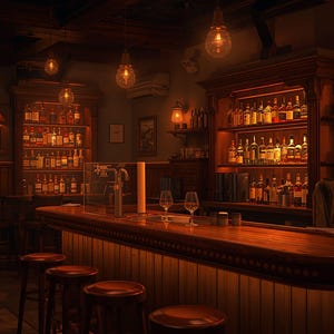 Peut inclure: Intérieur d'un bar sombre avec un comptoir en bois, des tabourets et des étagères remplies de bouteilles. Des lampes suspendues éclairent l'espace. L'ambiance est chaleureuse et invite à la dégustation de boissons alcoolisées.