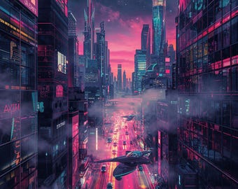 Neon Skyline – Cyberpunk Maximalist Cityscape Wall Art | Futuristic Digital Print