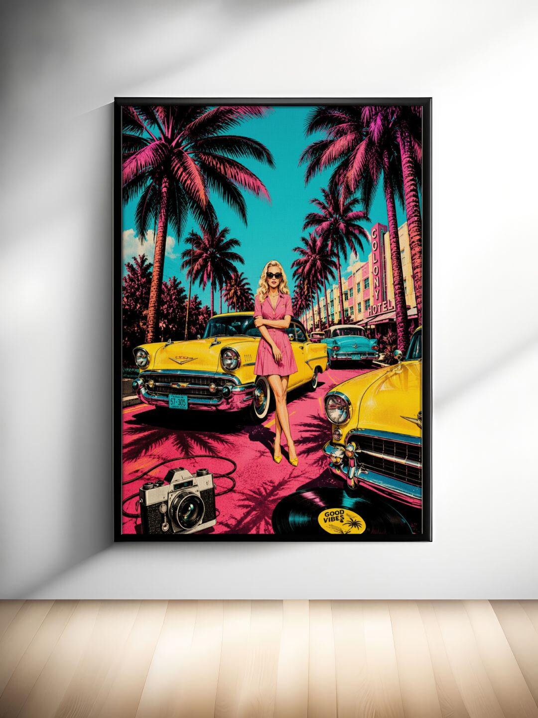 Miami Pop Art Poster - Retro Woman and Classic Cars Wall Art