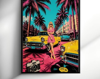 Miami Pop Art Poster - Retro Woman and Classic Cars Wall Art