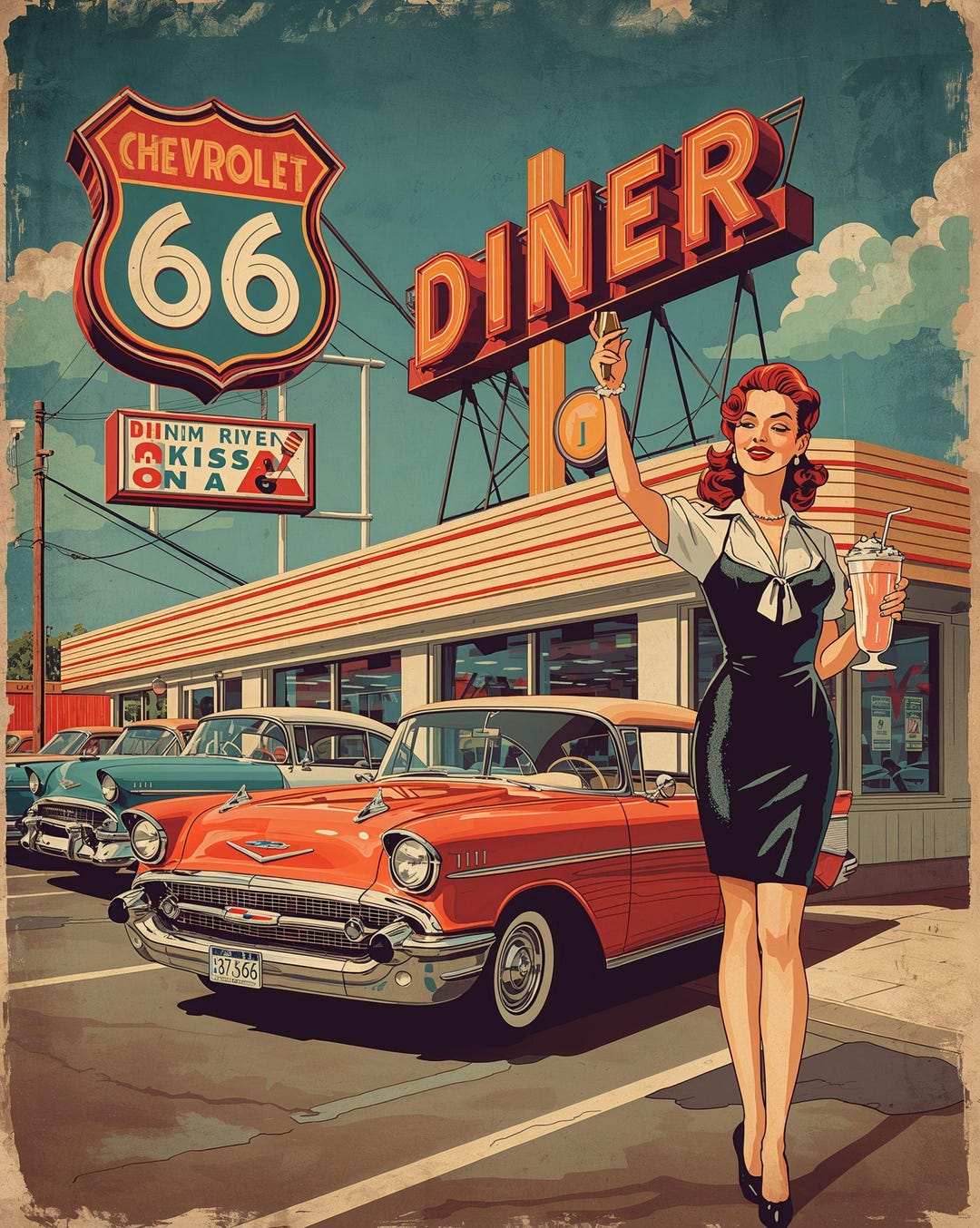 Route 66 Diner Poster – Pin-up Waitress & Classic Car Retro Wall Art - Etsy