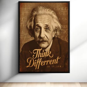 May include: A framed sepia-toned portrait of Albert Einstein featuring a background of mathematical equations and formulas. The text "Think Different" is printed in a large, cursive gold font across the lower portion of the image.
