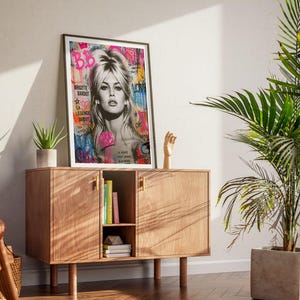 Puede incluir: Una impresi&oacute;n art&iacute;stica enmarcada con una imagen en blanco y negro de Brigitte Bardot con acentos coloridos de estilo graffiti. La obra de arte incluye el texto "Brigitte Bardot" y otras frases francesas. La impresi&oacute;n se exhibe en un mueble de madera con una planta y objetos decorativos.