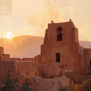 May include: An artistic rendering of a Southwestern adobe church at sunset. The building is a warm reddish-brown, with a bell tower and arched windows. The sun is a bright orb in the orange sky, casting long shadows.