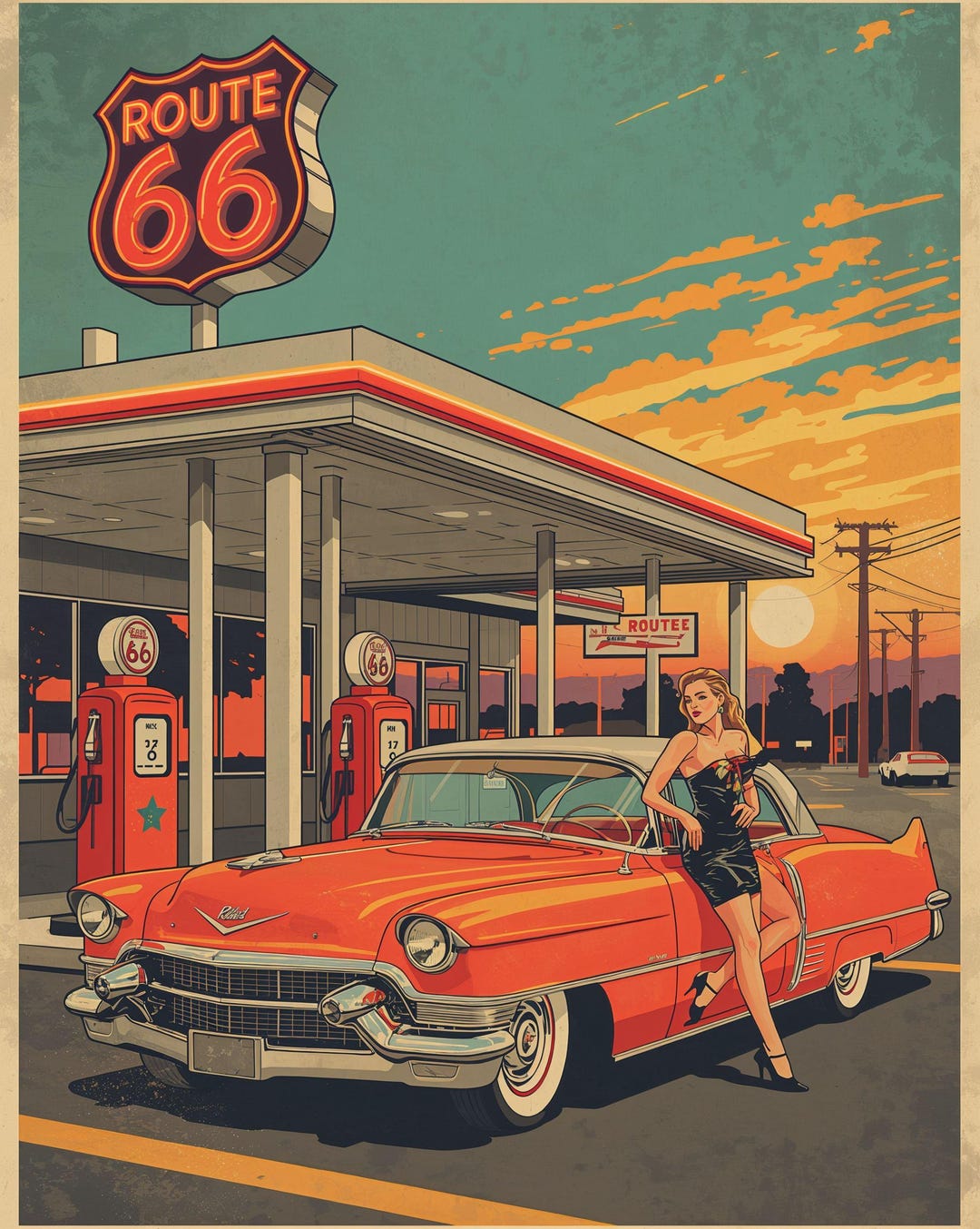 Route 66 Gas Station Poster – Pin-up Girl & Classic Car Retro Wall Art ...