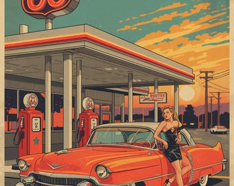 Route 66 Gas Station Poster – Pin-Up Girl & Classic Car Retro Wall Art