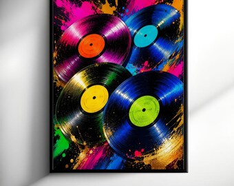 Colorful Vinyl Records Wall Art - Retro Music Poster - Bold Room Decor