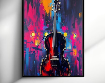 Decoración de pared con violonchelo - Póster musical colorido - Decoración clásica abstracta para amantes de la música