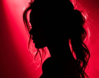 Red Silhouette Woman Portrait • Dramatic Backlit Female Profile Art