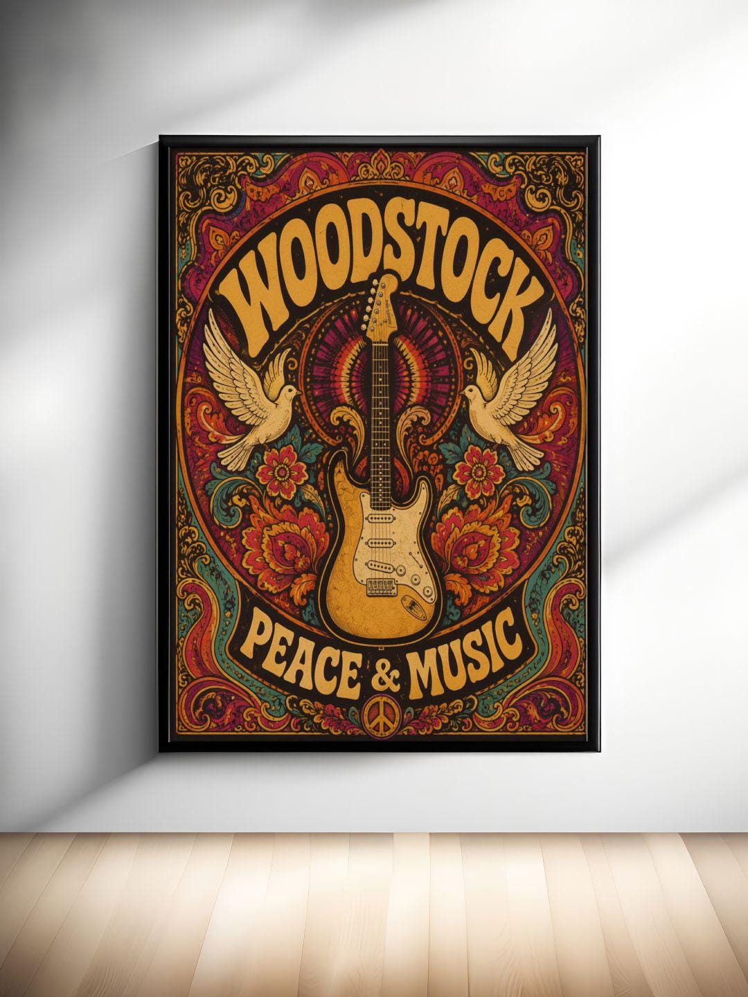 Woodstock Wall Art - Peace and Music Poster - Psychedelic Guitar