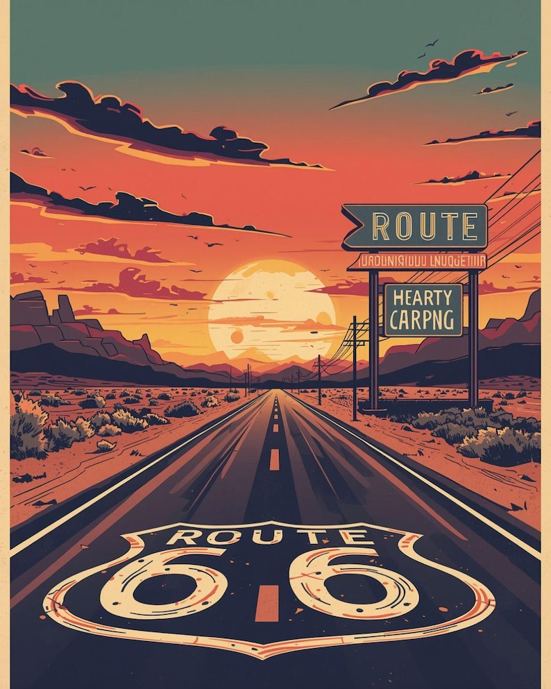 Route 66 Sunset Road Wall Art Print, Vintage American Highway Poster - Etsy