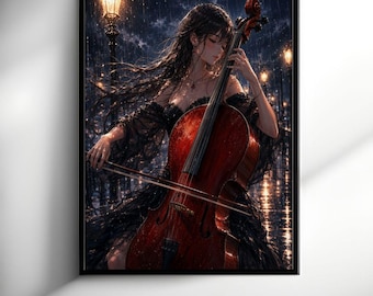 Decoración de pared con violonchelo - Póster romántico de violonchelista femenina - Decoración elegante de música clásica para imprimir