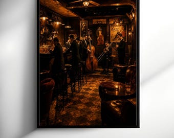 May include: A framed wall art print depicting a dimly lit jazz club interior with a wooden bar, patrons seated on stools, and a musical ensemble playing a double bass, trombone, and saxophone under warm ambient lighting with a JAZZ sign.