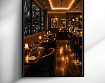 May include: A framed wall art print depicting a dimly lit restaurant interior at night. The scene features dark wooden tables, leather chairs, a long bar with hanging pendant lights, and a large window overlooking a glowing city skyline.