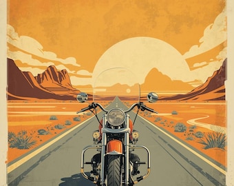 Route 66 Motorcycle Desert Sunset Wall Art, Vintage American Road Trip Poster