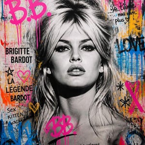 Puede incluir: Retrato en blanco y negro de Brigitte Bardot con acentos de estilo graffiti. La obra presenta salpicaduras de pintura rosa, azul, amarilla y naranja, y textos como "BB", "Brigitte Bardot" y "LOVE".