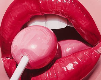 Estampado de labios estilo Pop Art, arte de pared con piruleta rosa, decoración retro atrevida.