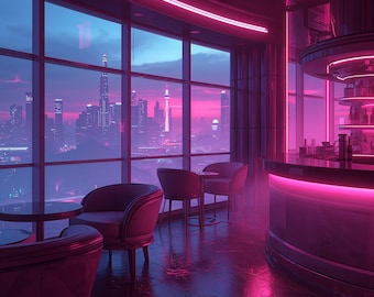 Neon Bar Wall Art – Futuristic Skyline Print, Synthwave City Sunset Poster, Digital Download
