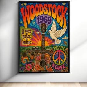 Woodstock Wall Art - Peace and Music Poster - Psychedelic Guitar
