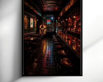 May include: A framed wall art print depicting the interior of a dimly lit bar at night. The scene features a long wooden bar counter with stools, a jukebox, and a neon sign in the window that reads BAR OPEN, all reflected on the dark floor.