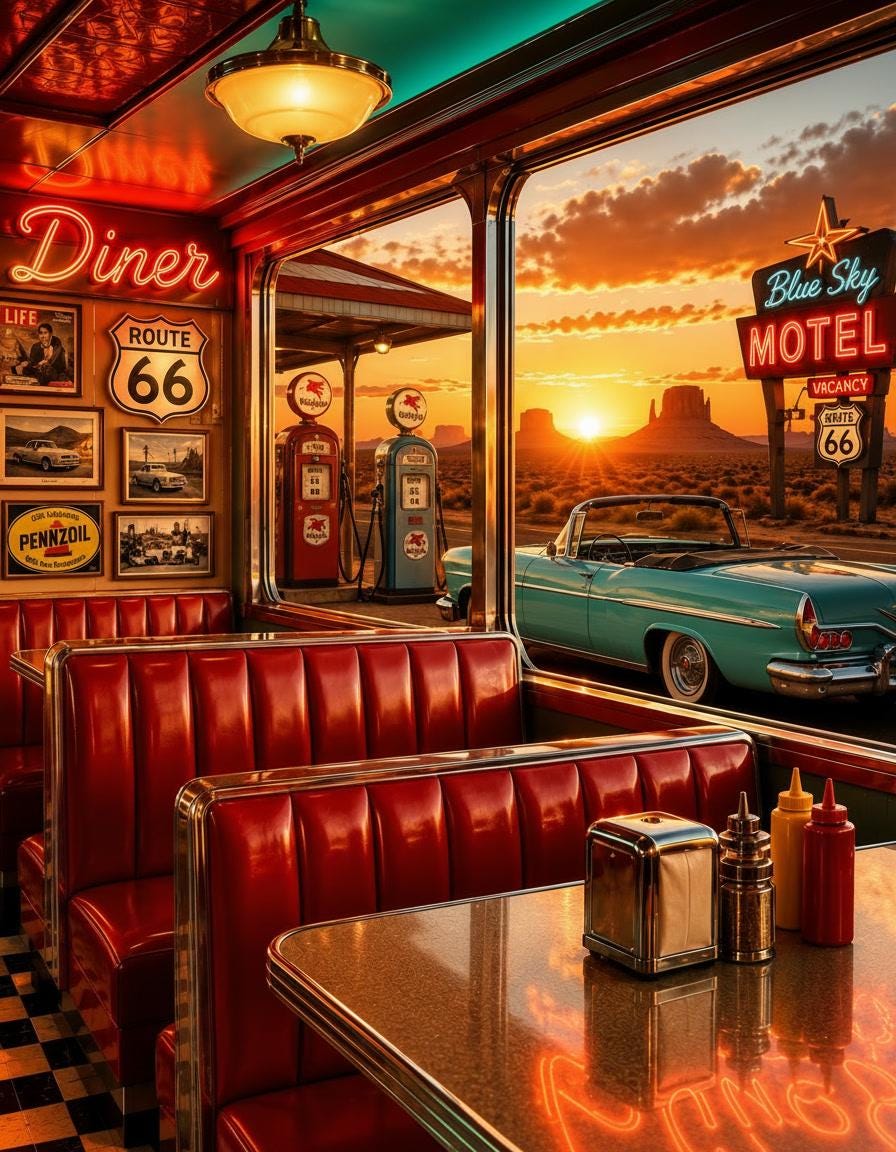 Route 66 Diner Wall Art - Vintage American Road Trip Poster