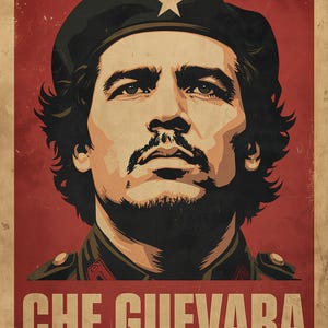 以下が含まれることがあります： チェ・ゲバラの様式化された肖像画のポスター。画像は、星が付いた黒いベレー帽をかぶった彼の顔のクローズアップを示しています。背景は無地の赤で、下部に太字の白い文字で「CHE GUEVARA」という言葉があります。