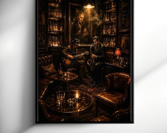 May include: A framed wall art print depicting a dimly lit jazz club scene with two musicians, one playing an acoustic guitar and the other a saxophone. The room features dark wood shelves filled with bottles, leather armchairs, and warm lighting.