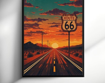 Route 66 Wall Art - Desert Highway Sunset Poster - Vintage American Road Trip Decor