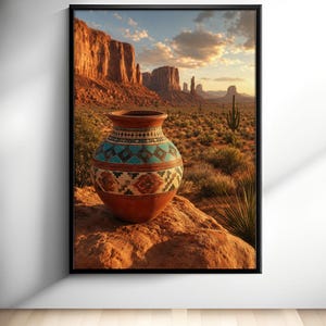 Può includere: Una stampa artistica da parete incorniciata raffigurante un vaso in terracotta con intricati motivi geometrici blu, bianchi e rossi. Il vaso è posizionato su un paesaggio desertico roccioso con mesa, cactus e un cielo al tramonto sullo sfondo.