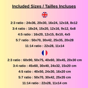 Puede incluir: Un gr&aacute;fico rosa y amarillo enumera los tama&ntilde;os de impresi&oacute;n en cent&iacute;metros y pulgadas. El texto incluye proporciones como 2:3, 3:4, 4:5, 5:7 y 11:14, con dimensiones correspondientes como 60x90, 50x75, 40x60, 30x45 cm.