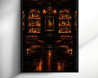 May include: A framed wall art print depicting a dark, moody lounge with two brown leather tufted armchairs, small side tables with lit candles, and two arched shelves filled with illuminated liquor bottles flanking a central portrait painting.