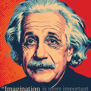 Pode incluir: Um cartaz em estilo pop art com um retrato de Albert Einstein com cabelo azul e bigode sobre um fundo vermelho. A citação "A imaginação é mais importante que o conhecimento" é exibida na parte inferior.