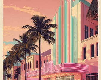 Póster Art Déco de Atardecer en Miami, Arte de Pared Retro de Neón en Palm Street