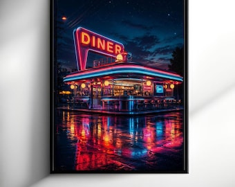 American Diner Wall Art - Retro Neon Restaurant Poster - 1950s