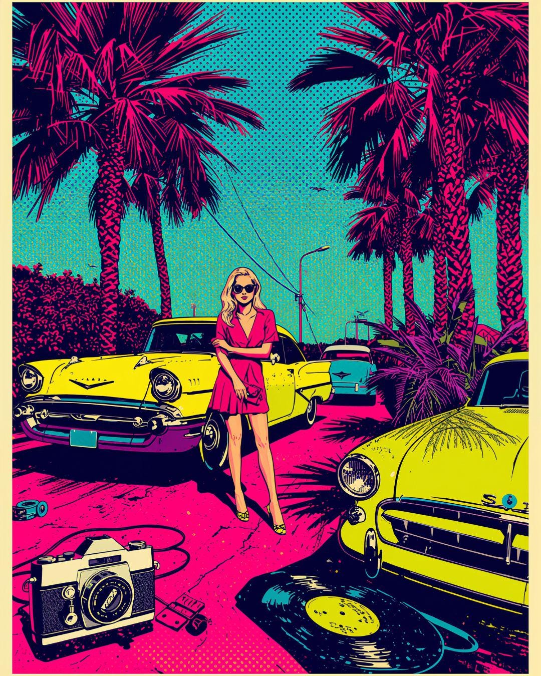 【80s / 50s】ポストモダン・アートデコ Retro 80s Poster, Vintage Woman Car Scene, Palm Tree Summer Wall