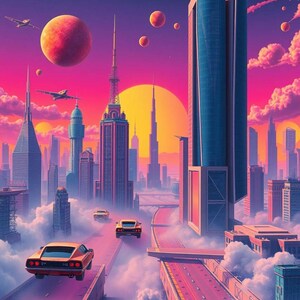 Könnte beinhalten: Digitales Kunstwerk einer futuristischen Stadt mit Wolkenkratzern, fliegenden Autos und Planeten. Das Bild verwendet eine lebendige Palette aus Rosa, Orange und Blau und erzeugt eine surreale und fantasievolle Szene.