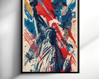 Arte callejero de la Estatua de la Libertad - Póster estadounidense rojo, blanco y azul - Decoración urbana americana