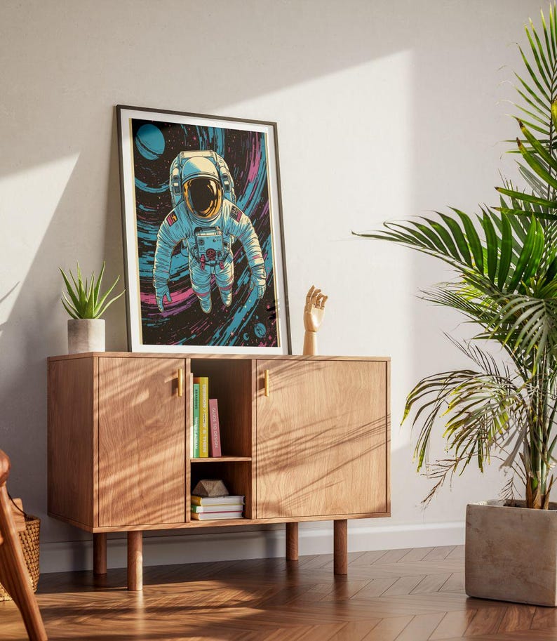 Retro Astronaut Space Wall Art Print, Neon Cosmic Explorer, Sci Fi ...