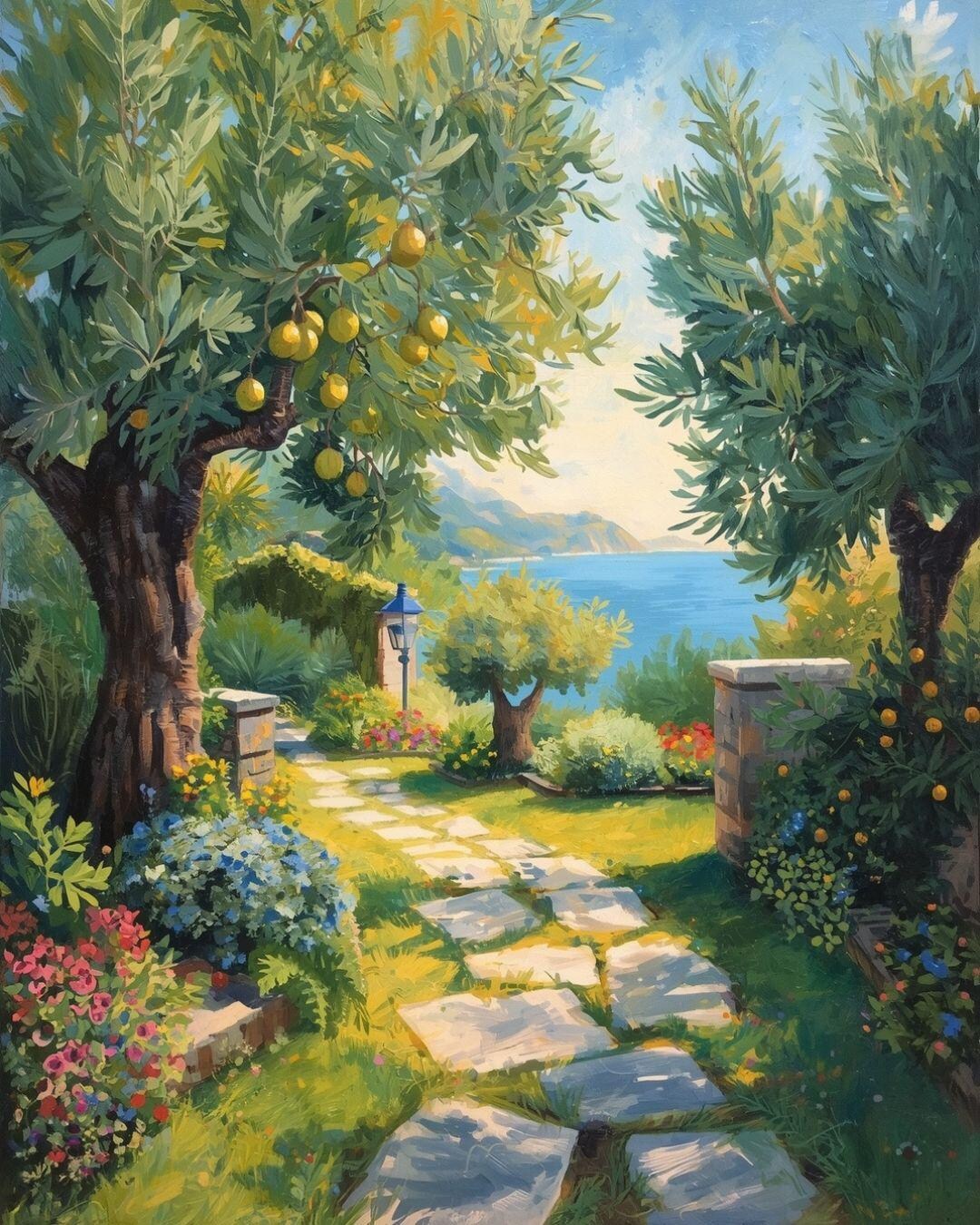 Mediterranean Garden Path Art Print | Lemon Trees Coastal Summer ...
