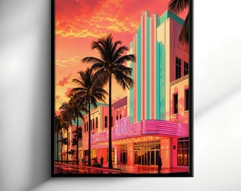 Miami Beach Wall Art - South Beach Poster - Tropical Florida Sunset Decor