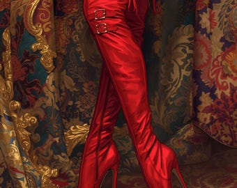 Arte de parede feminina e ousada – Botas vermelhas até a coxa – Poder sensual e decoração artística elegante