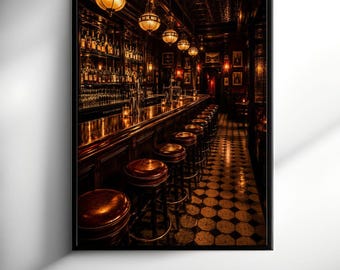 May include: A framed wall art print depicting a dimly lit, classic bar interior with a long wooden counter, rows of glass bottles on shelves, and a line of round, dark leather-topped bar stools set against a black and white hexagonal tiled floor.