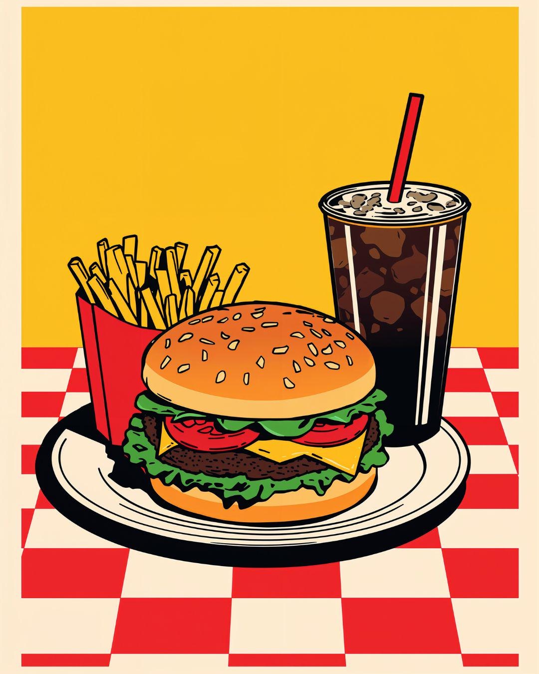 Retro Fast Food Burger Art – Vintage Pop Art Cheeseburger, Fries & Soda ...