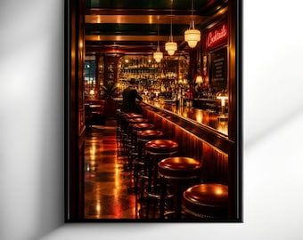 May include: A framed wall art print depicting a dimly lit bar interior with a long wooden counter, a row of red-cushioned bar stools, and a back bar filled with bottles. A neon sign reading Cocktails glows on the wall above the bar area.