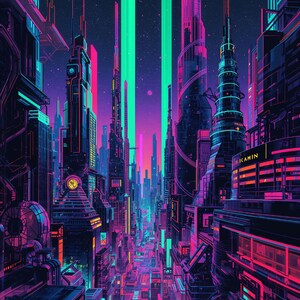 Neon Skyline – Futuristic Cyber Cityscape Art Print