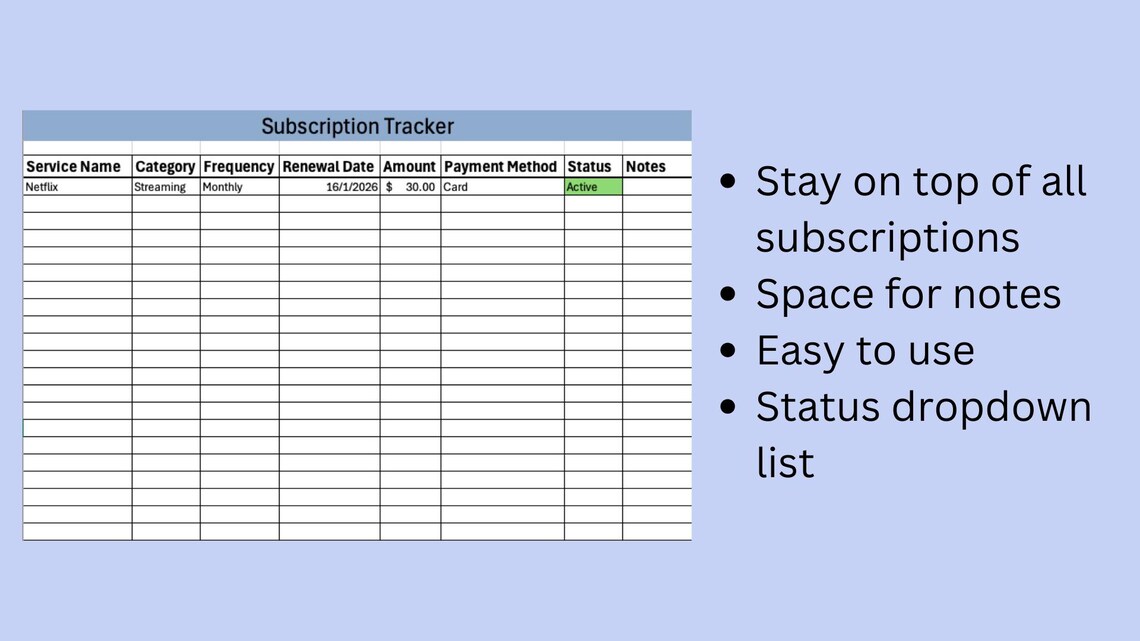 Subscription Tracker Excel Template - Etsy